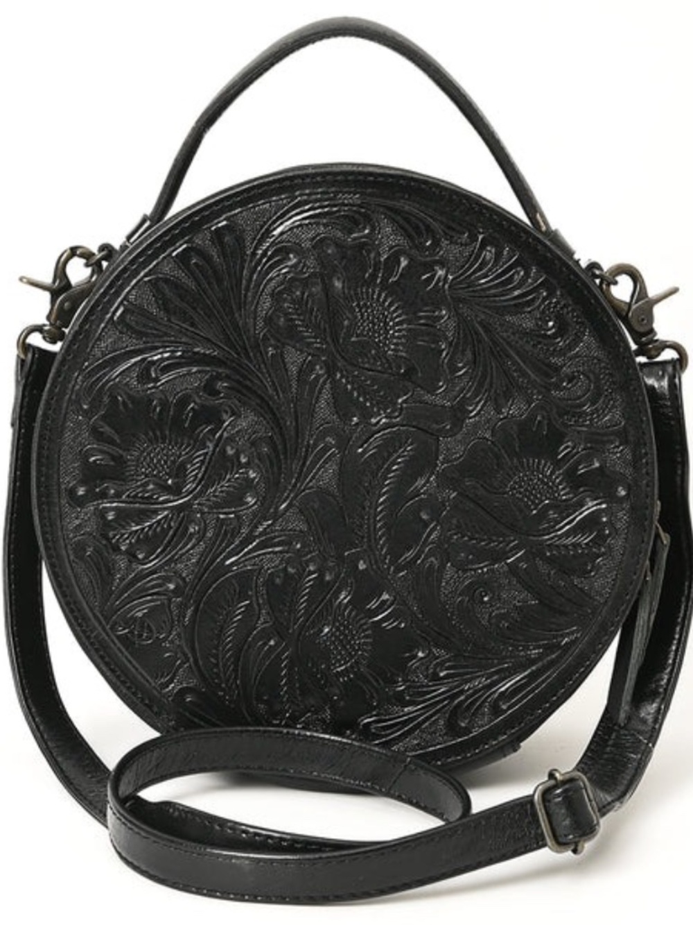 American Darling Western Leather Canteen Bag Hand-Tooled Floral Detail Black